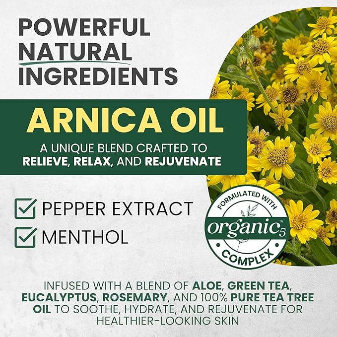 Sore Muscle Massage Oil with Arnica, Tea Tree & Eucalyptus Oils, Massage Oil for Massage Therapy, Muscle Relief, Relaxation, Tension & Skin Softening for Professional & Home Use (Pack of 1)