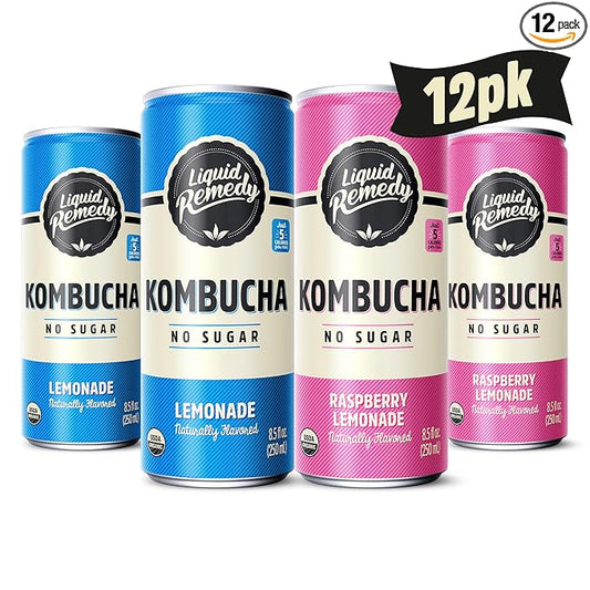 Liquid Remedy Kombucha Sugar Free Organic Drink, Low Calorie, Probiotic Like Tea for Gut Health - Lemon Lovers Variety Pack - 8.5 Fl Oz Can, 12-Pack