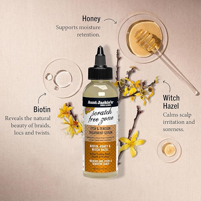 Aunt Jackie's Braid + Twist Collection Scratch Free Zone Itch & Tension Treatment Serum – Relieve Dry, Itchy Scalp with Witch Hazel, Biotin, and Honey – 4 fl oz