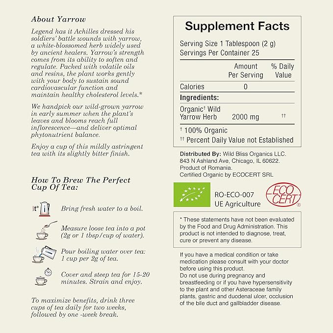 Wild Bliss Organic Yarrow Tea - Caffeine Free Herbal Tisane - Pharmacopoeia Potency - 20 Plant Based Tea Bags