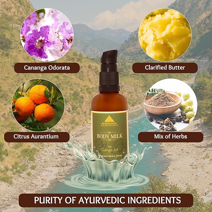 Body Hydrating Milk for Dry Skin - Daily Moisturizing Lotion with Ganges Water & A2 Clarified Butter, 1.69 fl oz | Softens Skin, Fast Absorbing, Lightweight, Non-Greasy, 100% Natural Ayurvedic Product