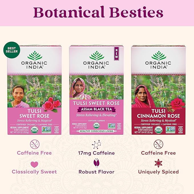 ORGANIC INDIA Tulsi Sweet Rose Herbal Tea - Holy Basil Leaf, African Basil, Chamomile, Lemon Myrtle, Stress Relieving, Caffeine Free - 18 Bags, 3 Pack