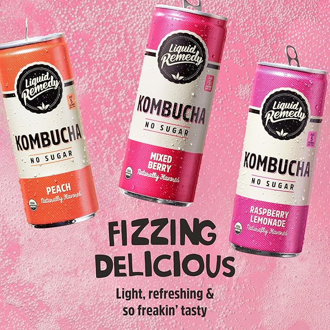 Liquid Remedy Kombucha Sugar Free Organic Drink, Low Calorie, Probiotic Like Tea for Gut Health - Fruity Faves Variety Pack - 8.5 Fl Oz Can, 12-Pack