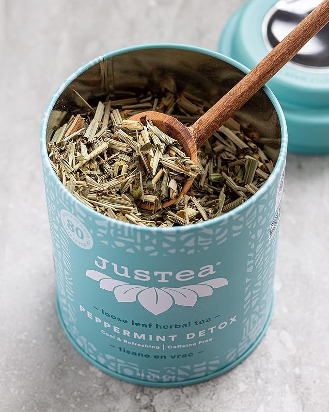JusTea PEPPERMINT DETOX | Loose Leaf Herbal Tea | Tin with Hand Carved Tea Spoon | 40+ Cups (1.6oz) | Caffeine Free | Award-Winning | Fair Trade | Non-GMO