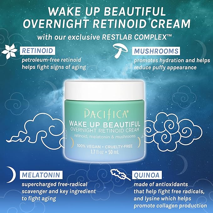 Pacifica Beauty Wake Up Beautiful Retinoid Eye Cream & Overnight Retinoid Cream Set, Skincare, Moisturizer, Face Cream, For Dry, Aging, Sensitive Skin, Vegan, 0.5 fl oz and 1.7 fl oz (Set of 2)