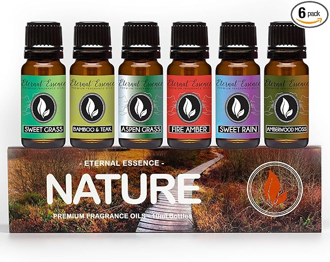 Eternal Essence Oils Nature Set of 6 Premium Fragrance Oils - Sweet Grass, Aspen Grass, Fire Amber, Sweet Rain, Bamboo & Teak and Amberwood - For Diffusers, Candle & Soap Making, & Aromatherapy - 10ML