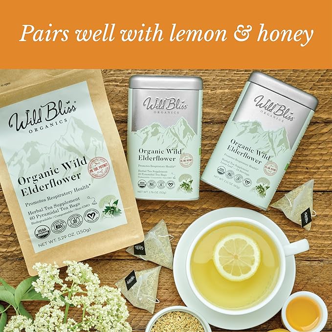 Wild Bliss Organic Elderflower Tea – Immune and Respiratory Support - Caffeine Free Loose Leaf Elder Flowers - 5.29 Ounces - 60 Servings
