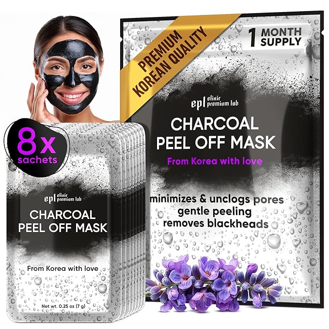 Korean Activated Charcoal Face Mask Peel Off - Blackhead Remover Mask - Facial Peeling & Nose Pore Cleaner - Black Head Remover for Face - Alternative to Pore Strips - Korean Skin Care Masks - 8 Pack