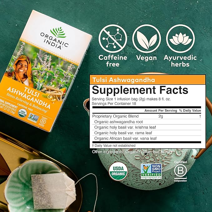 ORGANIC INDIA Calming Tulsi Ashwagandha Tea - Organic Tea Bags, Holy Basil Tea, Vegan, USDA Certified Organic, Non-GMO, Caffeine Free Tea - 18 Infusion Bags, 1 Pack