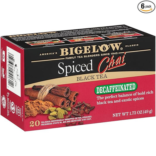 Bigelow Tea Decaffeinated Spiced Chai Black Tea, Decaf Tea with Spiced Chai, 20 Count Box (Pack of 6), 120 Total Tea Bags
