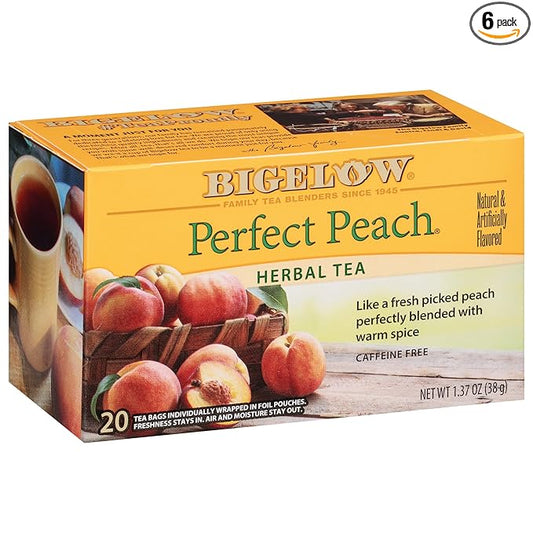 Bigelow Tea Perfect Peach Herbal Tea, Caffeine Free Tea with Peach and Herbs, 20 Count Box (Pack of 6), 120 Total Tea Bags