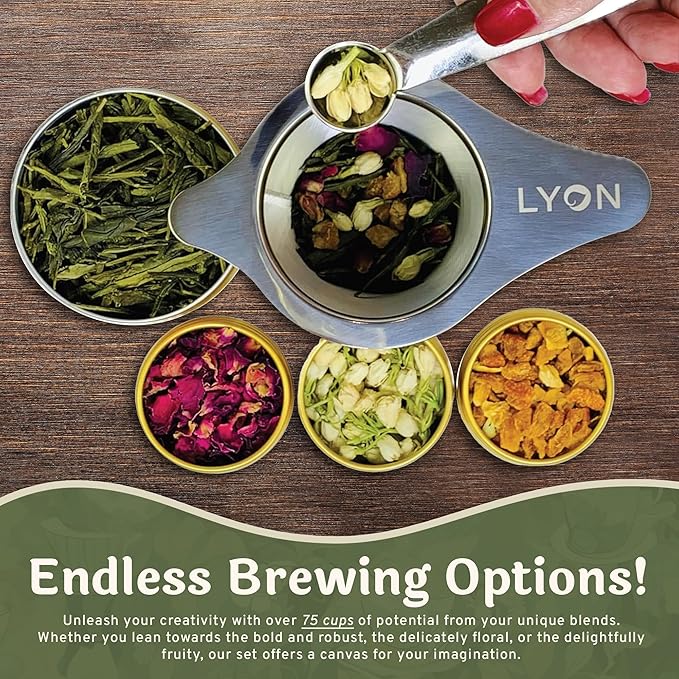 Lyon DIY Tea Blending Set-16 Tin Variety Pack-Premium Herbal Tea & Exotic Floral/Fruit Flavor Infusers - Create 75+ Cups w/Assorted Teas, Oolong, Chamomile, Rose, Peach & More