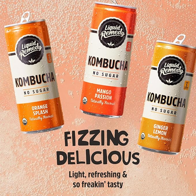 Liquid Remedy Kombucha Sugar Free Organic Drink, Low Calorie, Probiotic Like Tea for Gut Health - Tropical Trio Variety Pack - 8.5 Fl Oz Can, 12-Pack