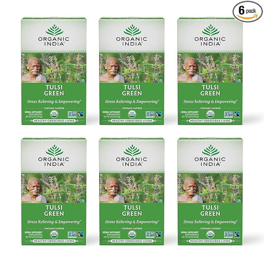 Organic India Tulsi Green Tea Bags - Holy Basil Tea, African Basil, Stress Relieving, Immune Support, USDA Certified Organic, Premium Darjeeling Green Tea, Caffeinated - 18 Infusion Bags, 6 Pack