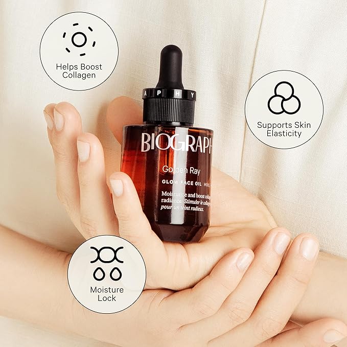 Golden Ray Glow Face Oil, 30ml. Collagen Boosting, Natural Skincare Moisturizing & Hydrating Facial Oil for Women. Incr Elasticity w/French Marine Algae, Jojoba & Rosehip for Fine Lines & Wrinkles