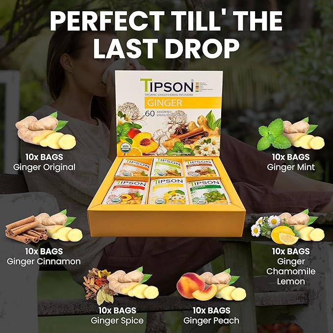 Tipson Organic Ginger Variety Sampler - 6 Flavors (60 Tea Bags), Herbal Tea Infusions - USDA Organic, Non GMO, and Gluten Free