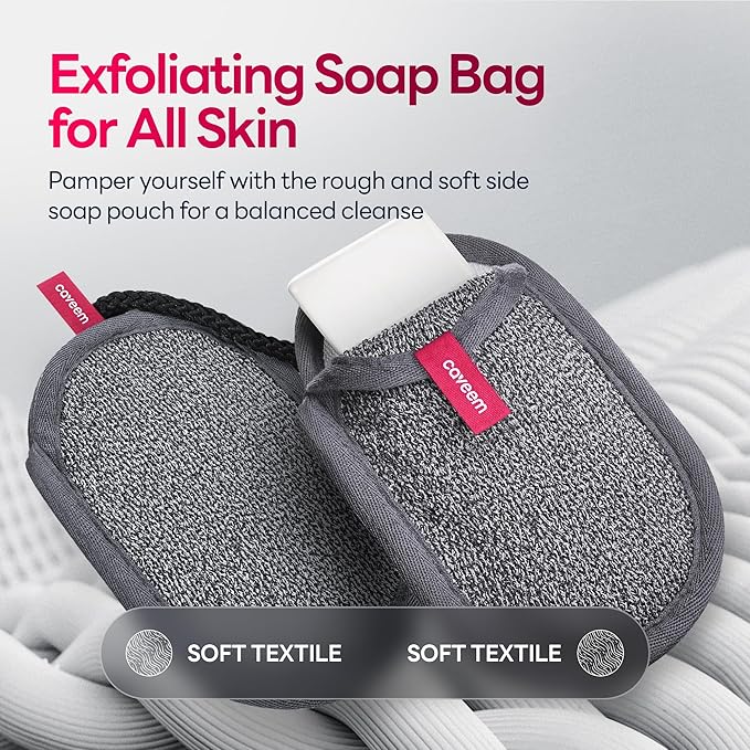 Caveem's Exfoliating Glove (2 Pack) & Soft Soap Bag (2 Pack) – Deep and Gentle Exfoliation for Remove Dead Skin
