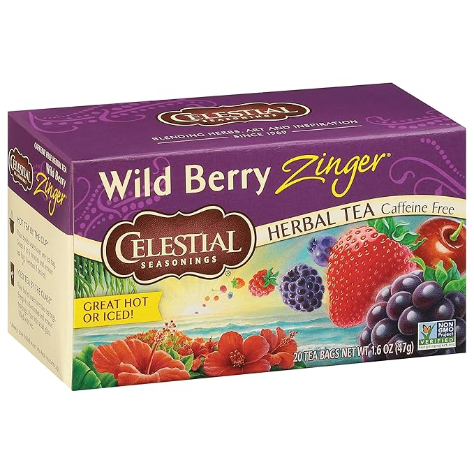 Celestial Seasonings Wild Berry Zinger Herbal Tea, Caffeine Free, 20 Tea Bags Box (Pack of 3)