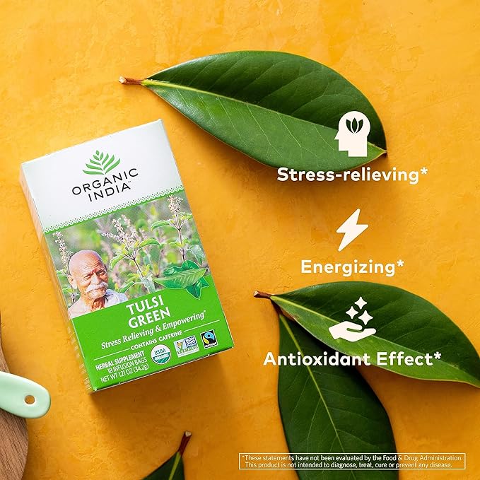 ORGANIC INDIA Tulsi Green Tea Bags - Holy Basil Tea, African Basil, Stress Relieving, Immune Support, USDA Certified Organic, Premium Darjeeling Green Tea, Caffeinated - 18 Infusion Bags, 3 Pack