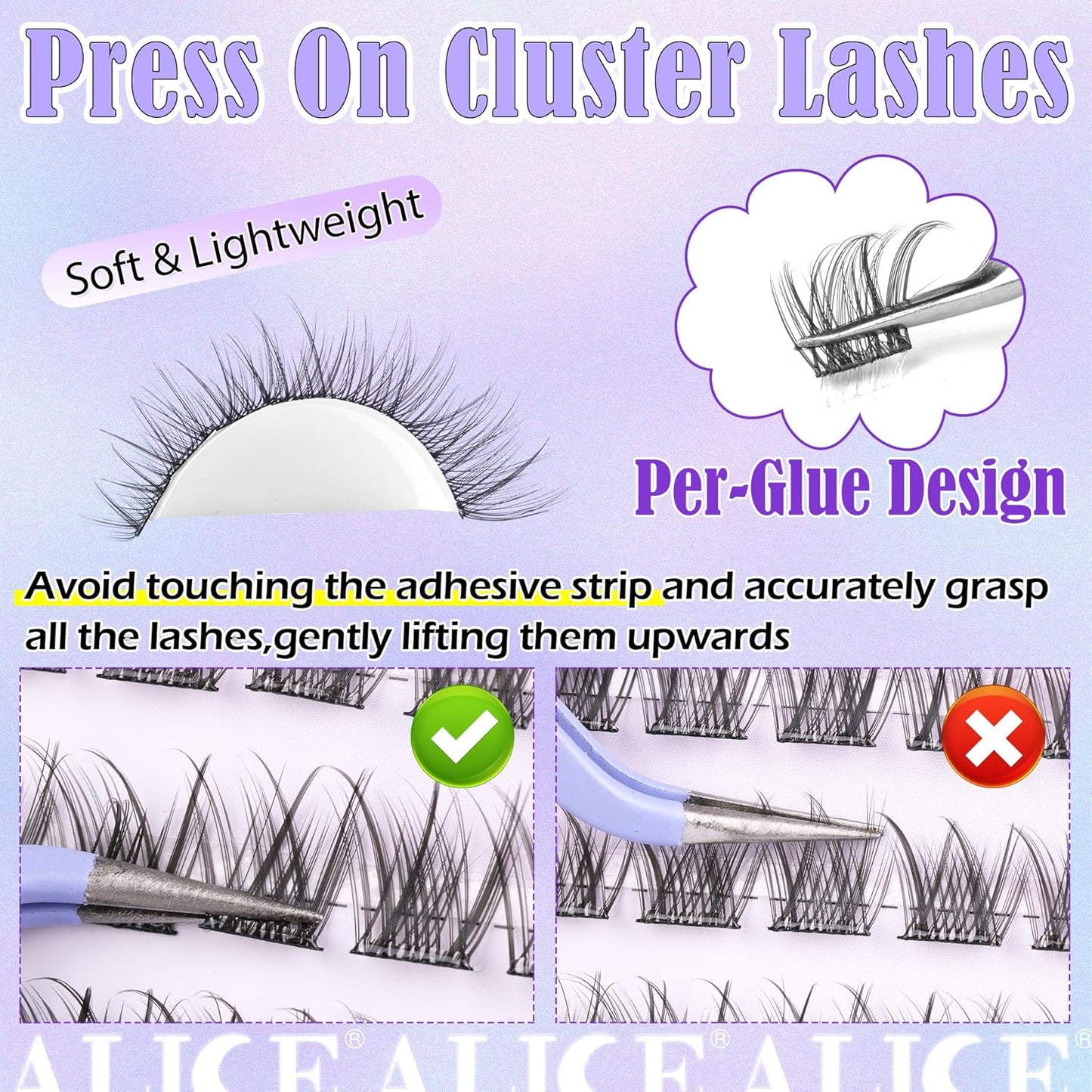 ALICE Self Adhesive Lashes Natural Look Self Adhesive Lash Clusters Wispy Reusable Press on Lashes Pre-Glue 8-14mm 120pcs C-Curly No Glue Needed Eyelashes