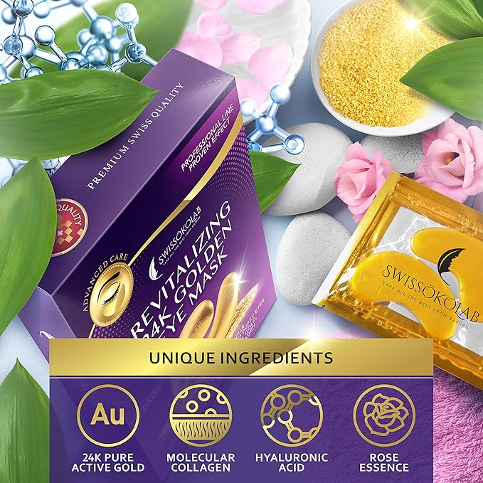 SWISSÖKOLAB Double Chin Reducer V Line Lifting Mask Face Slimming + Under Eye Patches For Puffy Eyes 24k Gold Eye Mask For Dark Circles And Puffiness Collagen Eye Gel Pads…