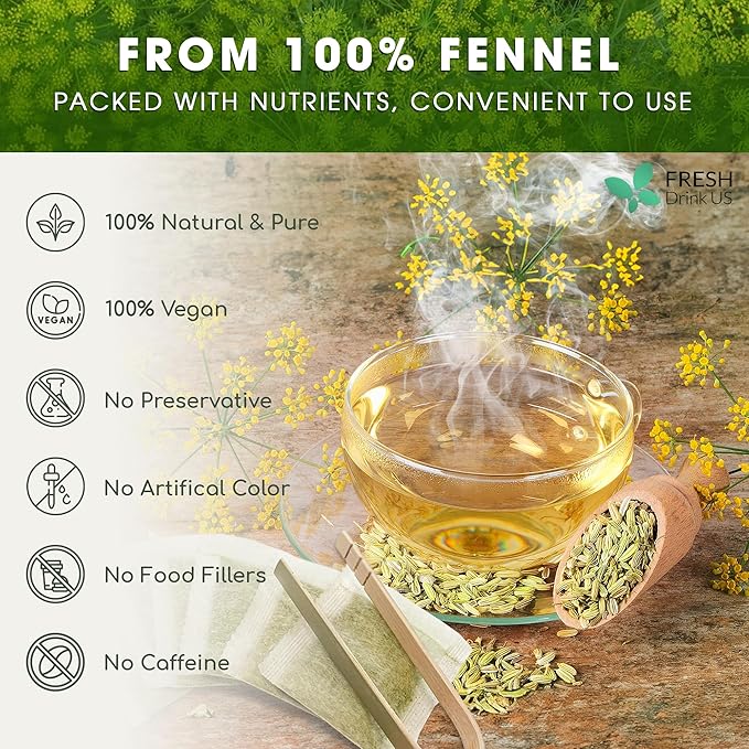 FreshDrinkUS, Premium 75 Fennel Tea Bags, 100% Natural & Pure from Fennel Seeds. Fennel Seed Herbal Tea. Fennel Seed Tea. Made with Natural Material Tea Bags. No Sugar, No Caffeine, No Gluten, Vegan.