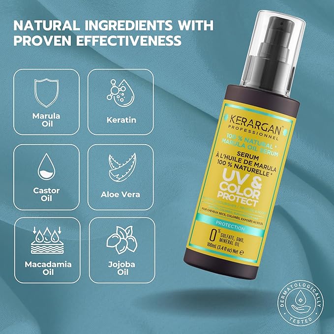 KERARGAN - UV & Color Protective Serum with Marula Oil for Dry and Colored Hair - Anti-Frizz, Smoothing, Moisturizing - Sulfate-Free, GMO-Free, Mineral Oil-Free - 3.38 Fl oz