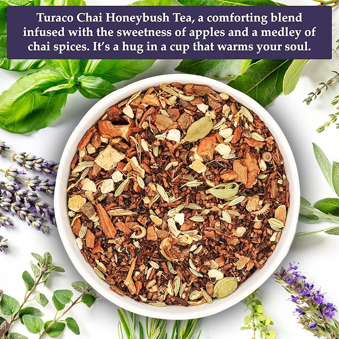 Birdsong Turaco Chai: Organic Apple Chai Herbal Tea, Caffeine Free Tea with 100% Natural Sweet Flavor of Apple, Cardamom and Cinnamon Notes and Health Benefits, Decaffeinated Honeybush Loose Leaf