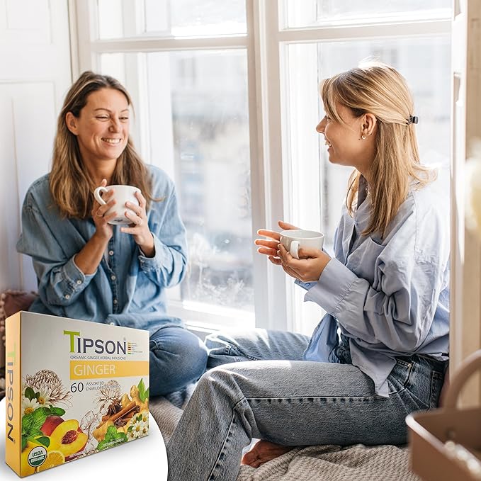 Tipson Organic Ginger Variety Sampler - 6 Flavors (60 Tea Bags), Herbal Tea Infusions - USDA Organic, Non GMO, and Gluten Free