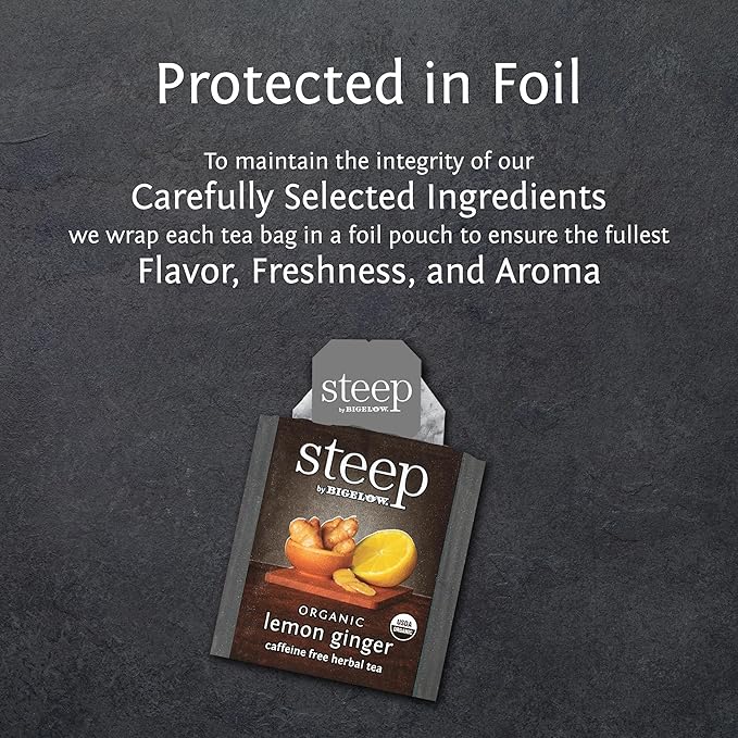 steep by Bigelow Organic Lemon Ginger Herbal Tea, Caffeine Free, 20 Count (Pack of 6), 120 Total Tea Bags