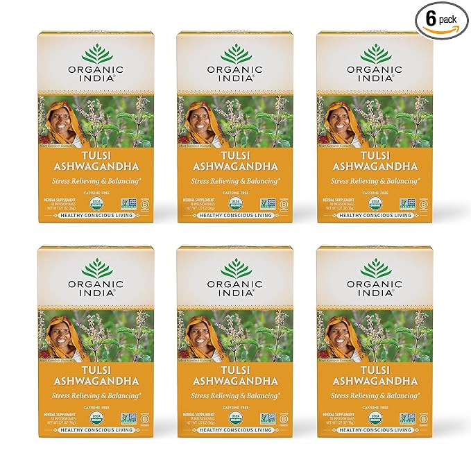 ORGANIC INDIA Calming Tulsi Ashwagandha Tea - Organic Tea Bags, Holy Basil Tea, Vegan, USDA Certified Organic, Non-GMO, Caffeine Free Tea - 18 Infusion Bags, 6 Pack