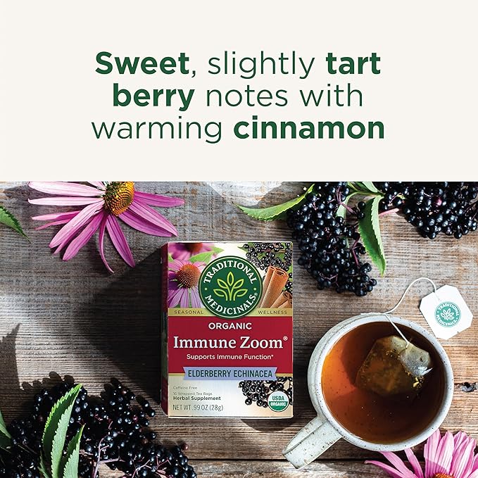 Traditional Medicinals Tea, Organic Immune Zoom Elderberry Echinacea, Supports Immune Function, 96 Tea Bags (6 Pack)