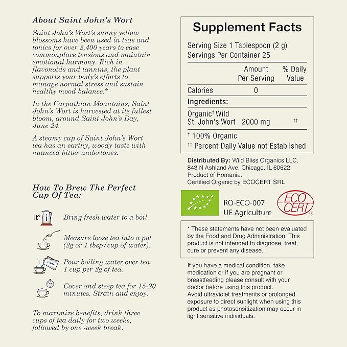 Wild Bliss Organic St Johns Wort Herbal Tea - Caffeine Free Mood Balance Support Tea - Pharmacopoeia Potency - 20 Plant Based Tea Bags