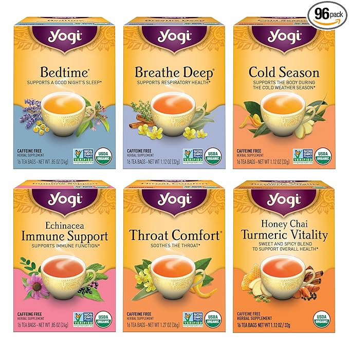 Yogi Tea Get Well Variety Pack - 6 Packs of 16 Tea Bags for Cold Season Support - Includes Bedtime, Breathe Deep, Echinacea Immune Support Teas and More