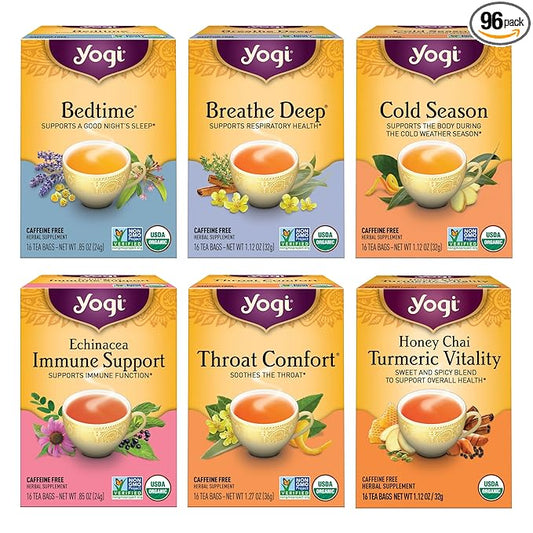 Yogi Tea Get Well Variety Pack - 6 Packs of 16 Tea Bags for Cold Season Support - Includes Bedtime, Breathe Deep, Echinacea Immune Support Teas and More