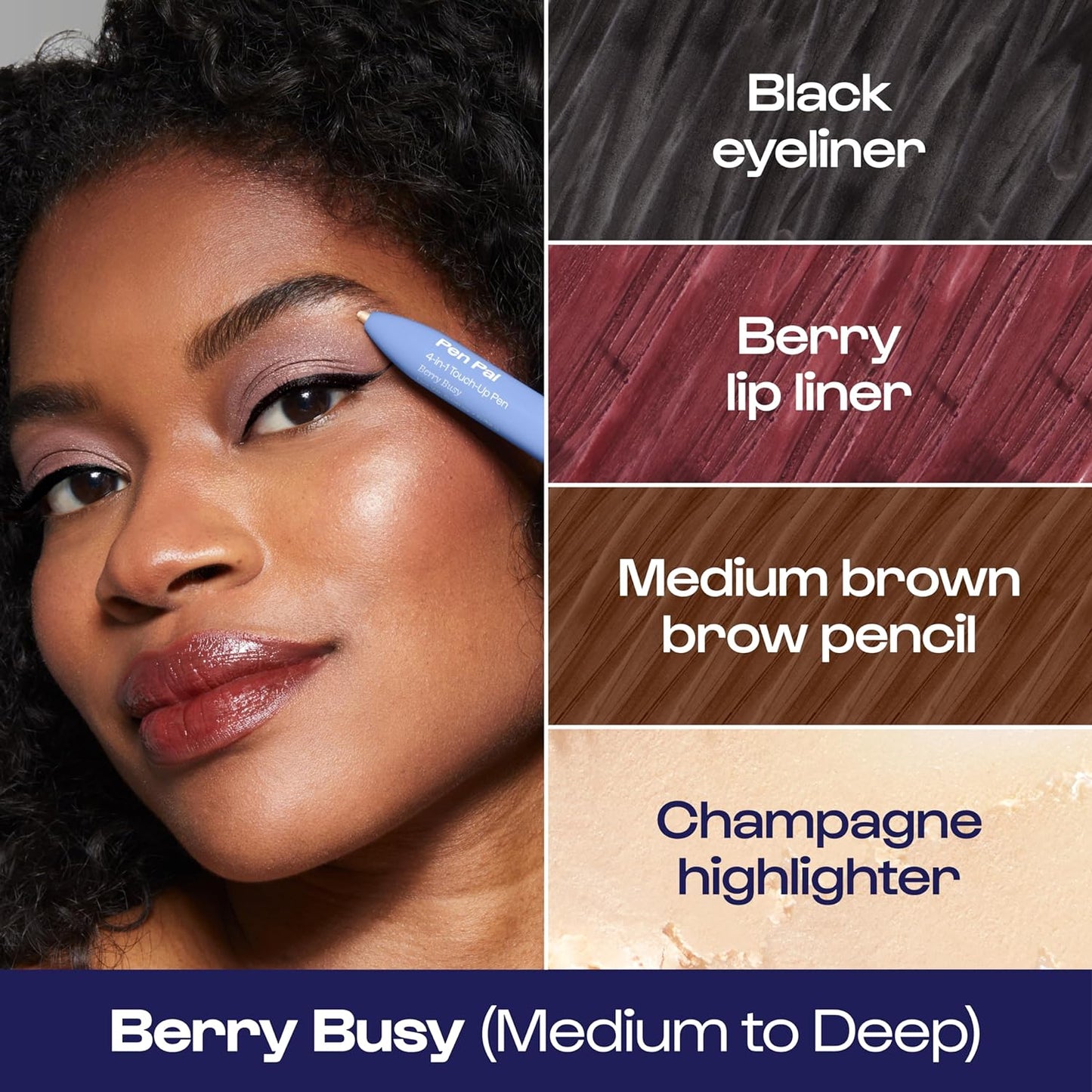 Alleyoop Pen Pal Touch-Up 4-in-1 Makeup Pen, Berry Busy (Medium - Deep) - Travel Make Up Set with Eyeliner, Brow Pencil, Highlighter & Lip Liner - High-Pigment Formula, Easy & Smooth Application