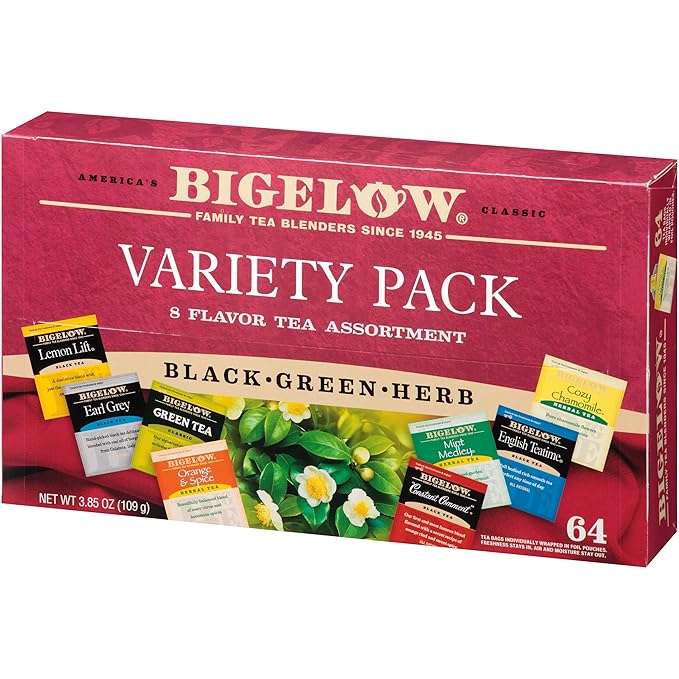 Bigelow Fine Tea & Herbal Tea Assortment 64 Count Box (Pack of 2) Caffeinated and Caffeine Tea, 128 Tea Bags Total