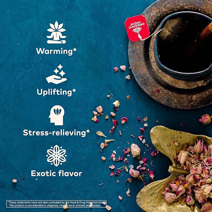 Organic India Tulsi Cinnamon Rose Herbal Tea - Holy Basil, Stress Relieving & Mystical, Immune Support, USDA Certified Organic, Supports Sugar Metabolism, Caffeine-Free - 18 Infusion Bags, 6 Pack